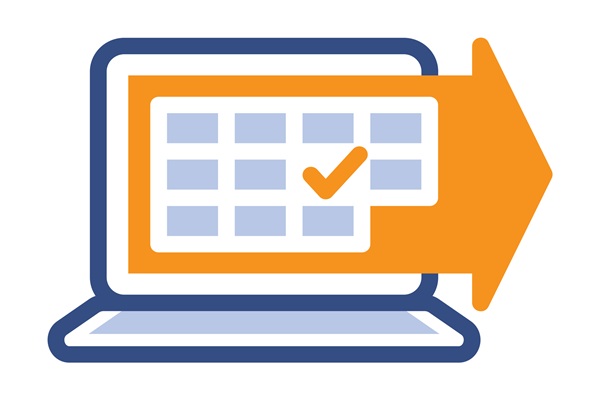 Illustration of laptop with arrow and calendar. Online guide support for event information.