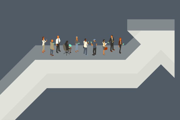 A group of 10 people are dressed for business illustrate the concept of performance, as they gather on a three-dimensional oversized arrow pointing towards the top right corner of the screen. Diverse men and women use digital devices. Isometric vector presented in a 16x9 artboard, over a slate gray background and a hexagonal honeycomb pattern.